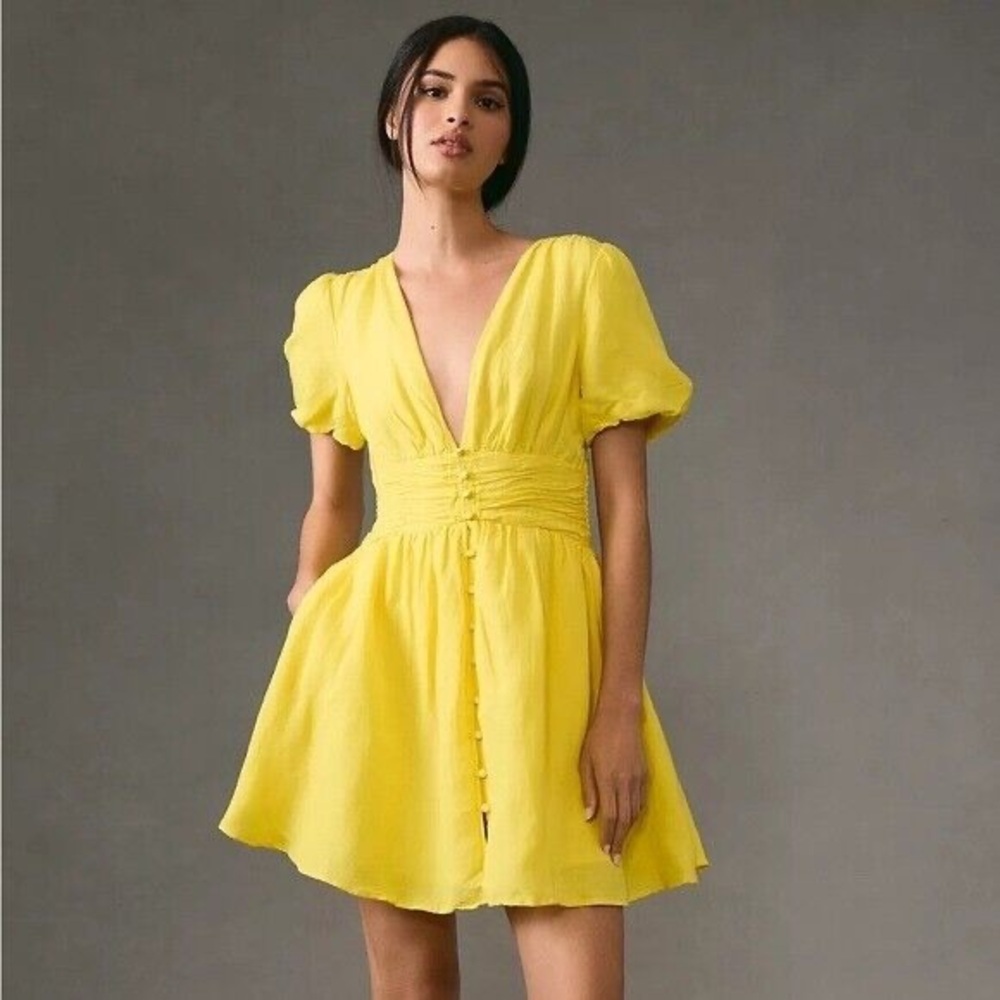 Anthropologie NWT Neck Plunge Lemon Yellow Katerina Button Front Mini Dress